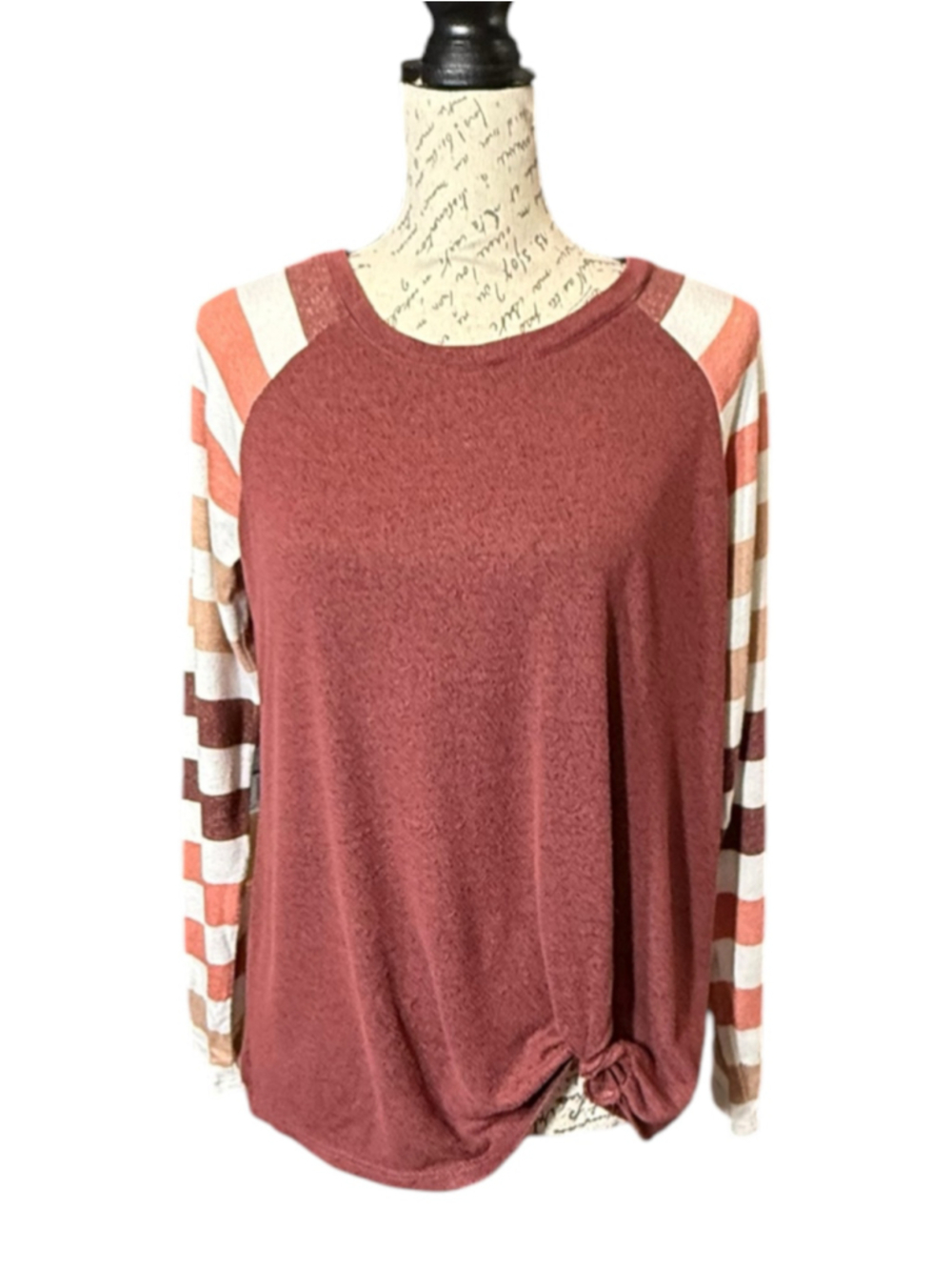 Women's Maurices Long Sleeve Tee Size M Brick Red and Beige Striped